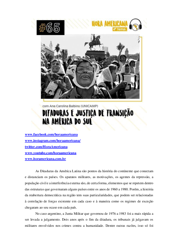 (PDF) #65 - Ditaduras e Justiça de Transição na América do Sul
