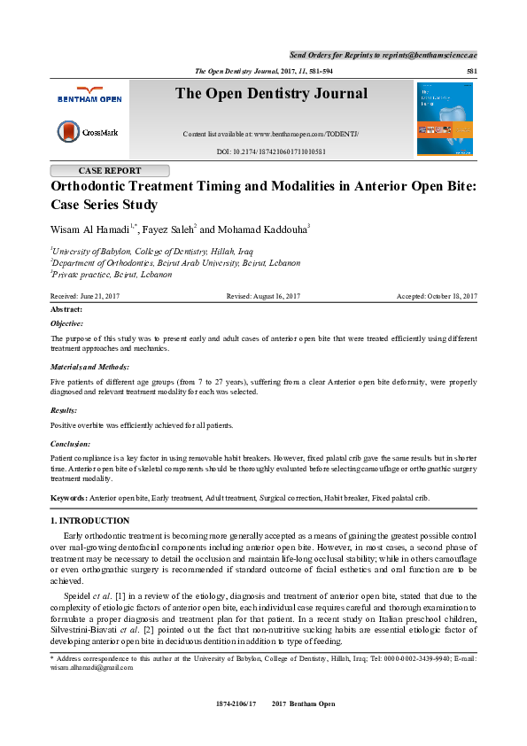 (PDF) Orthodontic Treatment Timing and Modalities in Anterior Open Bite ...