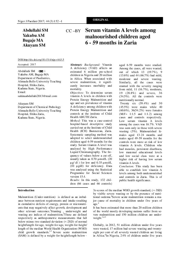 (PDF) Serum vitamin A levels among malnourished children aged 6 - 59 ...