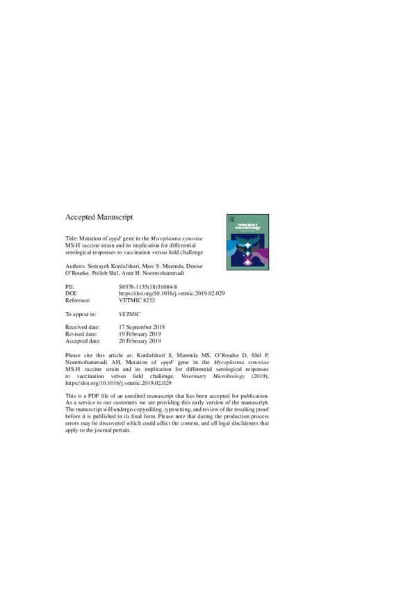 (PDF) Mutation of oppF gene in the Mycoplasma synoviae MS-H vaccine ...