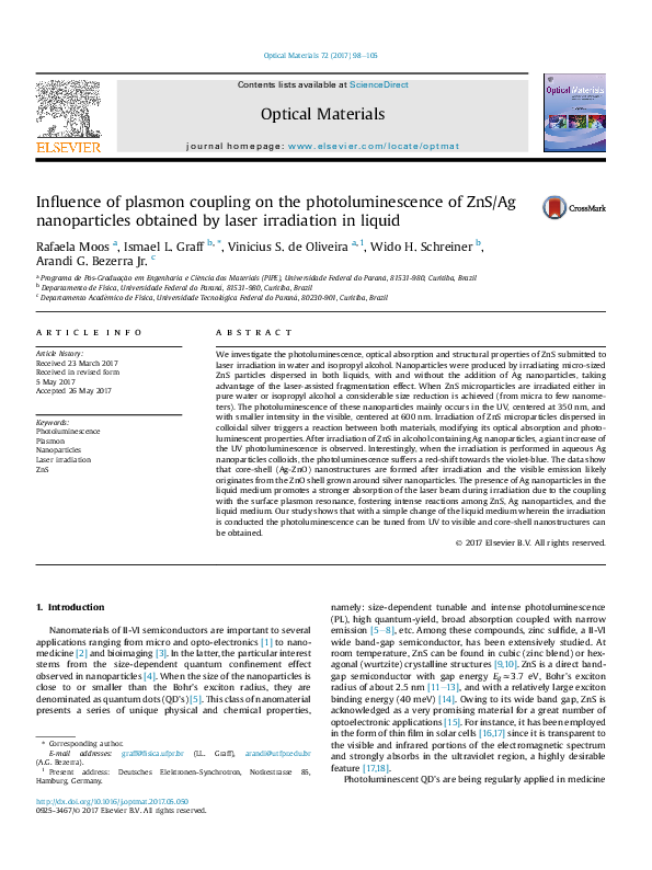 (PDF) Influence of plasmon coupling on the photoluminescence of ZnS/Ag ...