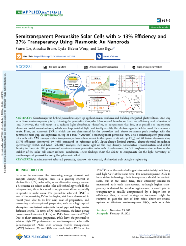 (PDF) Semitransparent Perovskite Solar Cells with > 13% Efficiency and ...