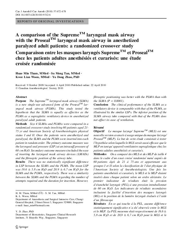 (PDF) A comparison of the Supreme™ laryngeal mask airway with the ...