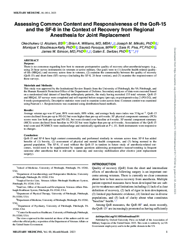 (PDF) Assessing Common Content and Responsiveness of the QoR-15 and the ...
