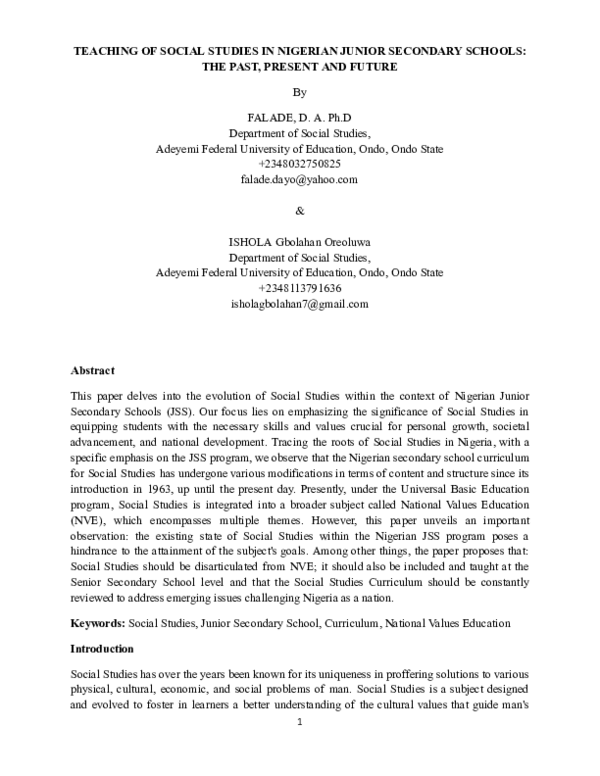 (PDF) TEACHING OF SOCIAL STUDIES IN NIGERIAN JUNIOR SECONDARY SCHOOLS