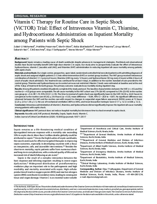 (PDF) Vitamin C Therapy for Routine Care in Septic Shock (ViCTOR) Trial
