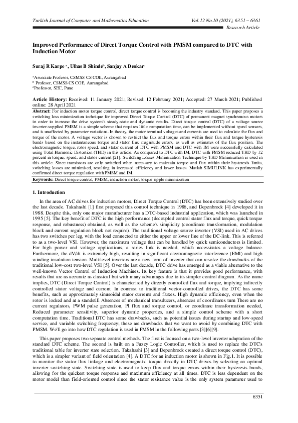 (PDF) Improved Performance of Direct Torque Control with PMSM compared ...