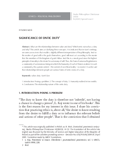 (PDF) Significance of Ontic Duty