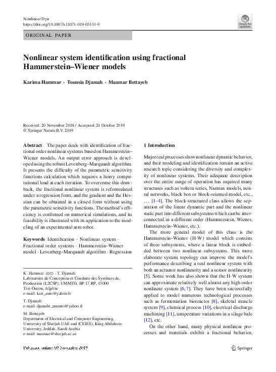(PDF) Nonlinear system identification using fractional Hammerstein ...