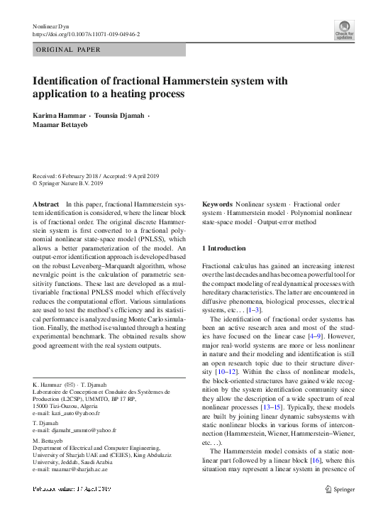 (PDF) Identification of fractional Hammerstein system with application ...