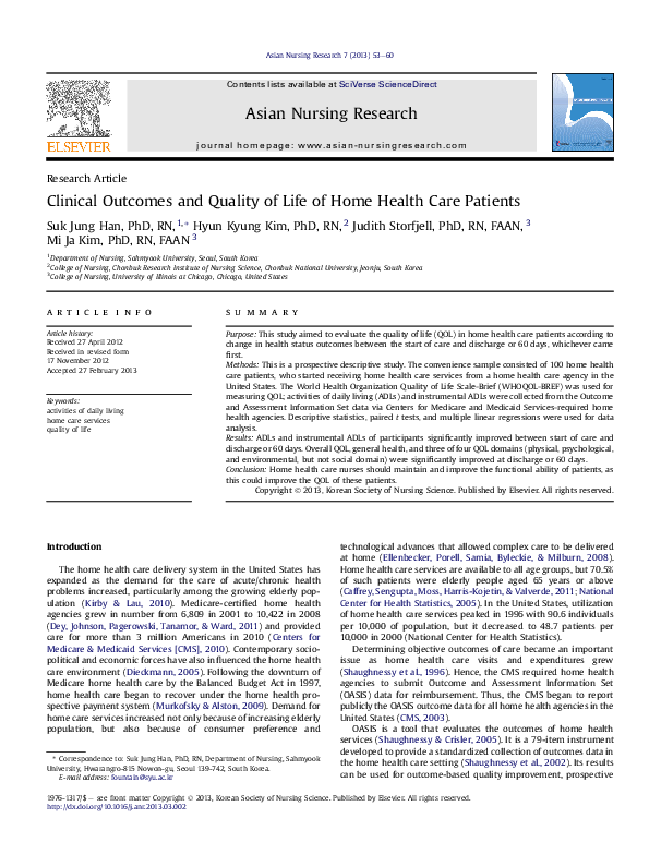 (PDF) Clinical Outcomes and Quality of Life of Home Health Care Patients