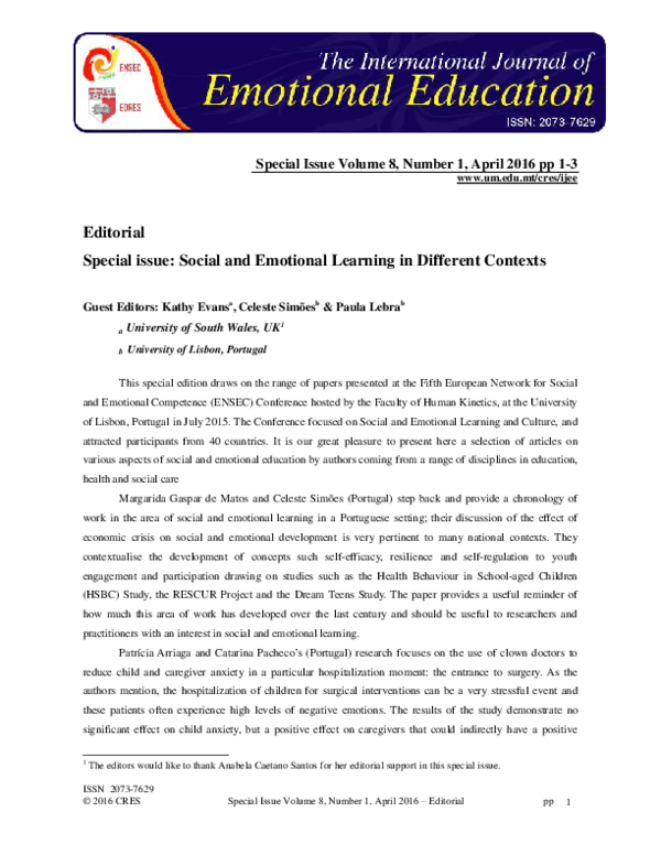 (PDF) Editorial special issue : social and emotional learning in ...