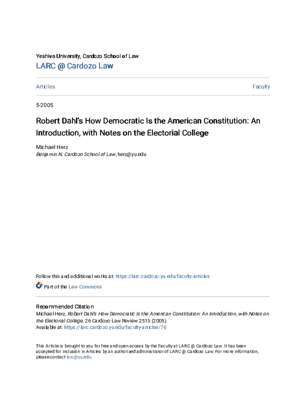 (PDF) Robert Dahl’s How Democratic is the American Constitution?: An Introduction, with Notes on ...