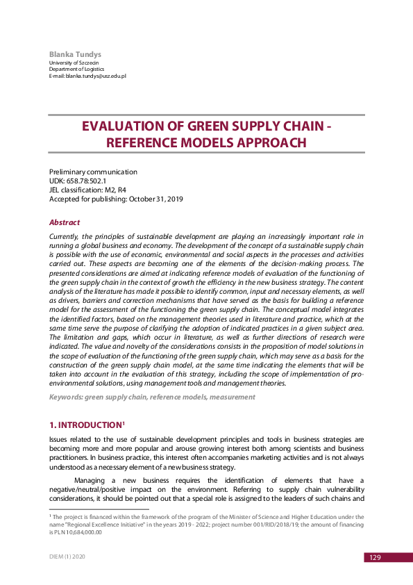 (PDF) Evaluation of Green Supply Chain - Reference Models Approach ...