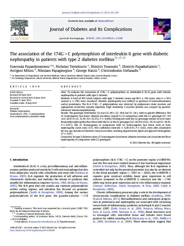 (PDF) The association of the 174G>C polymorphism of interleukin 6 gene ...