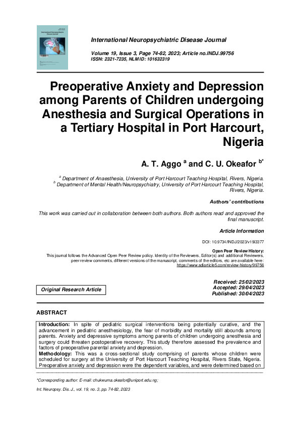(PDF) Preoperative Anxiety and Depression among Parents of Children ...