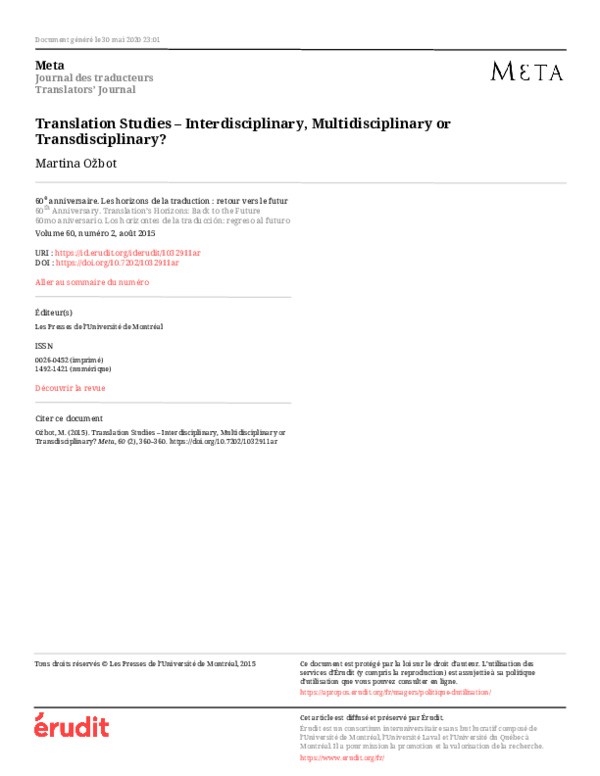 PDF) Translation Studies  Interdisciplinary, Multidisciplinary or  Transdisciplinary?