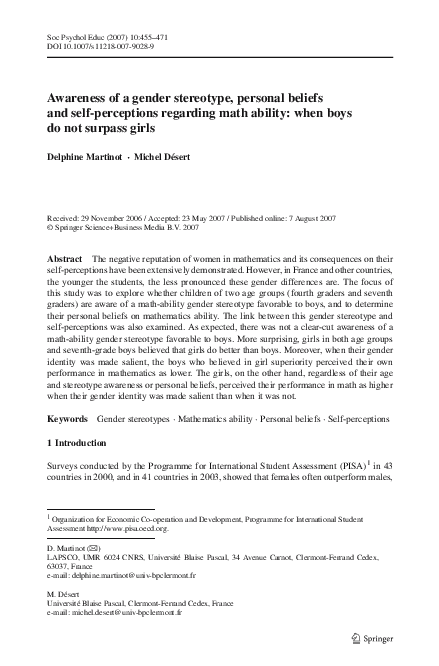 (PDF) Awareness of a gender stereotype, personal beliefs and self ...