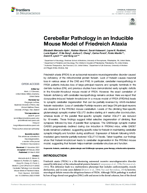 (PDF) Cerebellar Pathology in an Inducible Mouse Model of Friedreich Ataxia