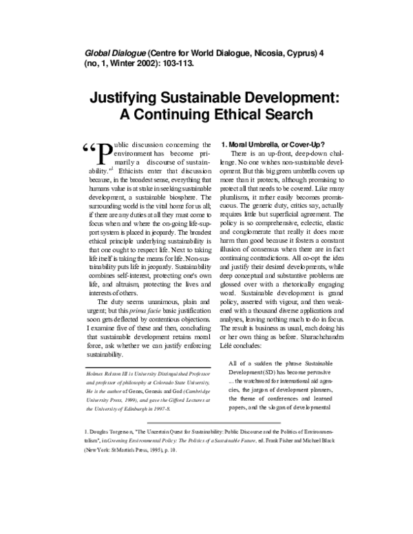 (PDF) Justifying Sustainable Development: A continuing ethical search