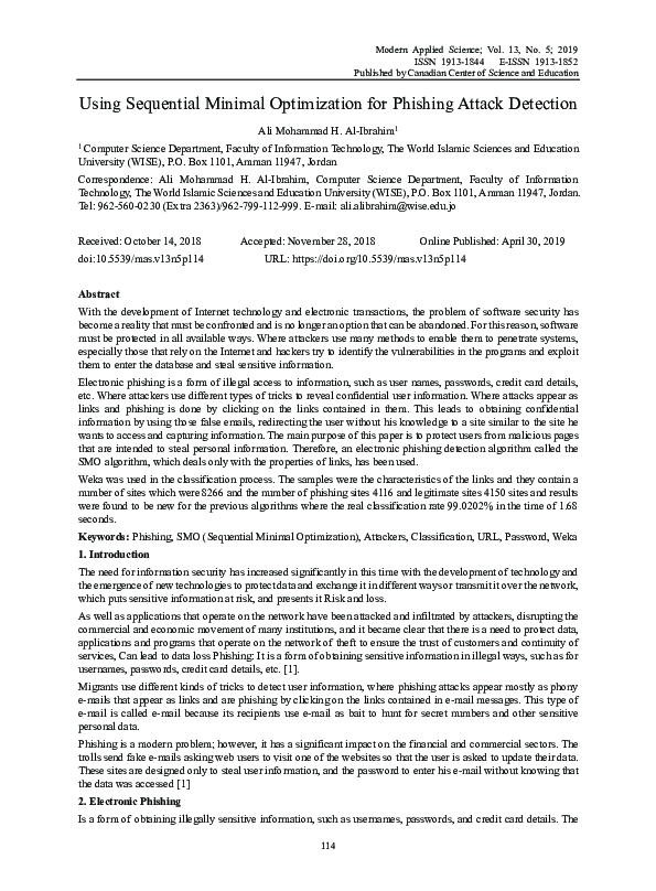 (PDF) Using Sequential Minimal Optimization for Phishing Attack Detection