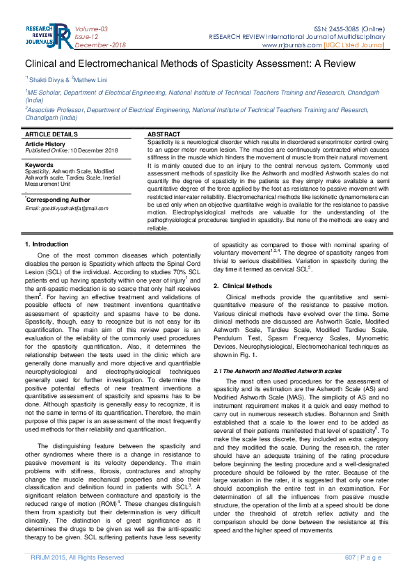 (PDF) Clinical and Electromechanical Methods of Spasticity Assessment ...