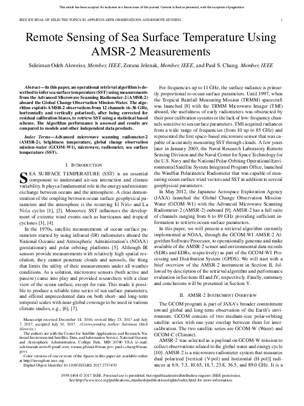 (PDF) Remote Sensing of Sea Surface Temperature Using AMSR-2 Measurements