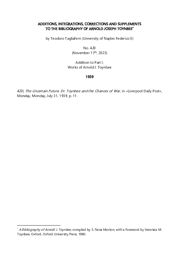 (PDF) Arnold J. Toynbee, The Uncertain Future (July 1939)