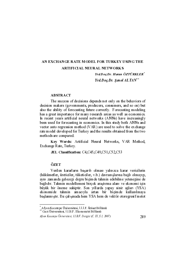 (PDF) An Exchange Rate Model for Turkey Using the Artificial Neural ...