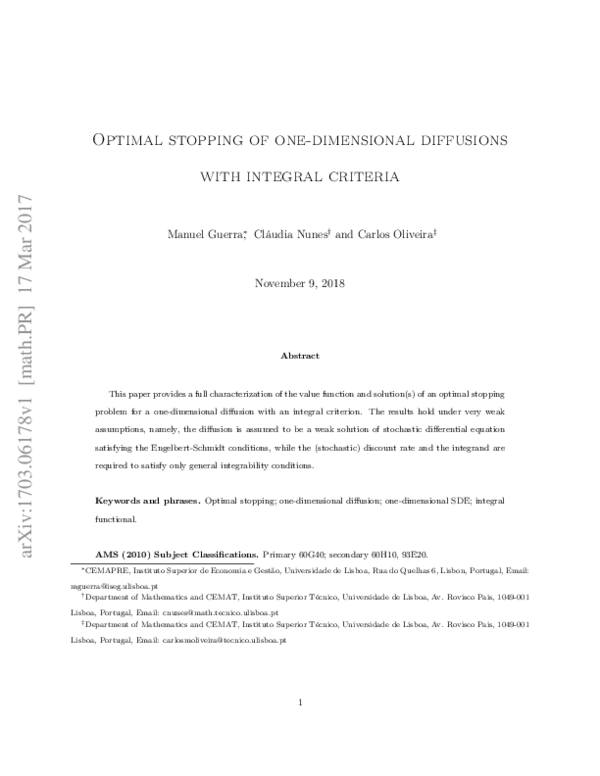 (PDF) Optimal stopping of one-dimensional diffusions with integral criteria