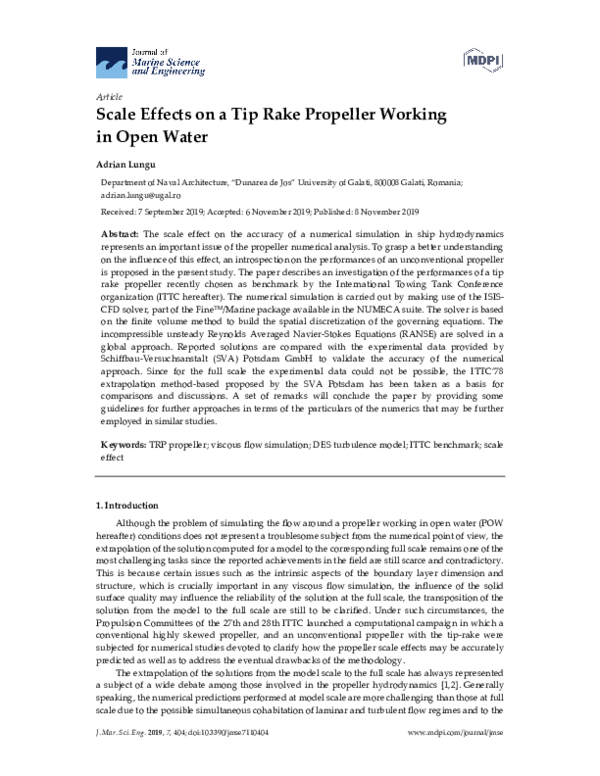 (PDF) Scale Effects on a Tip Rake Propeller Working in Open Water