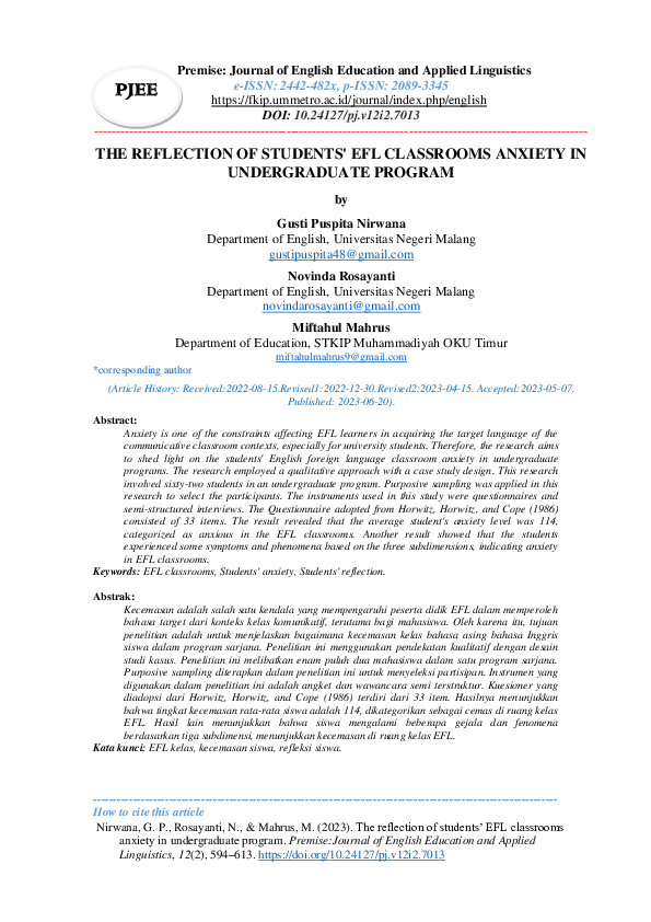 (PDF) The Reflection of Students’ Efl Classrooms Anxiety in ...