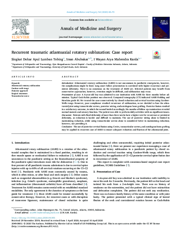 (PDF) Recurrent traumatic atlantoaxial rotatory subluxation: Case report
