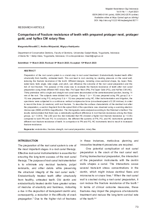 (PDF) Comparison of fracture resistance of teeth with prepared protaper ...