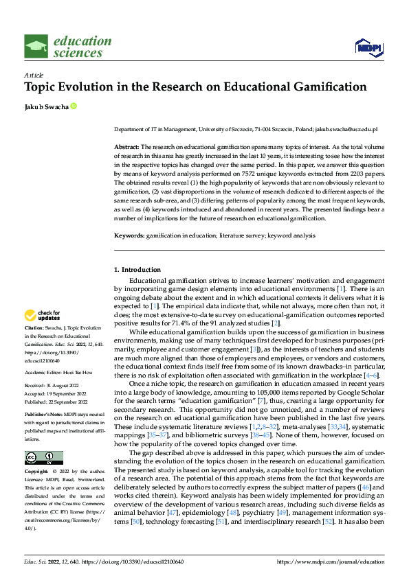 (PDF) Topic Evolution in the Research on Educational Gamification