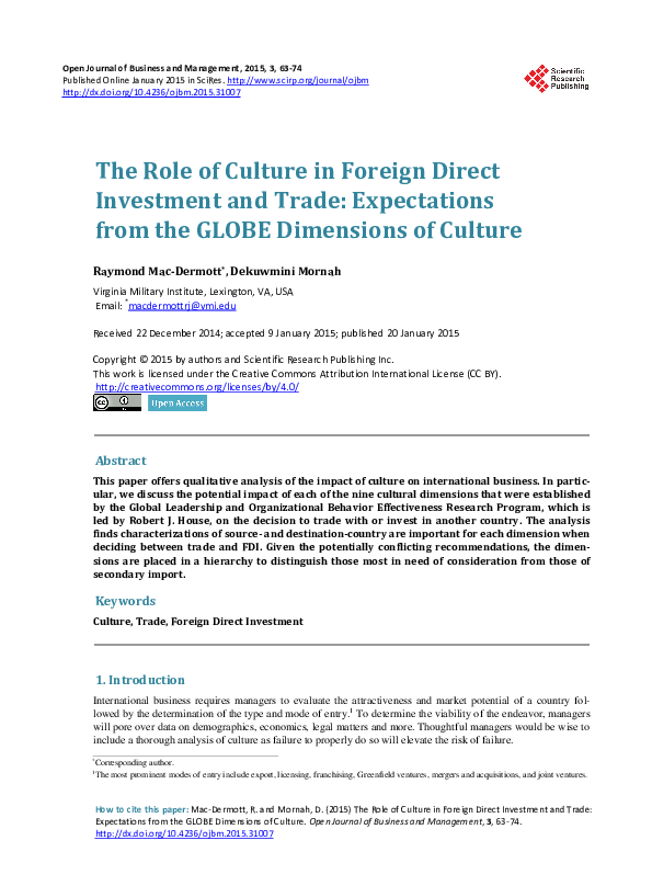(PDF) The Role of Culture in Foreign Direct Investment and Trade ...
