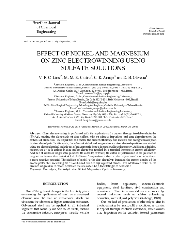 (PDF) Effect of nickel and magnesium on zinc electrowinning using ...