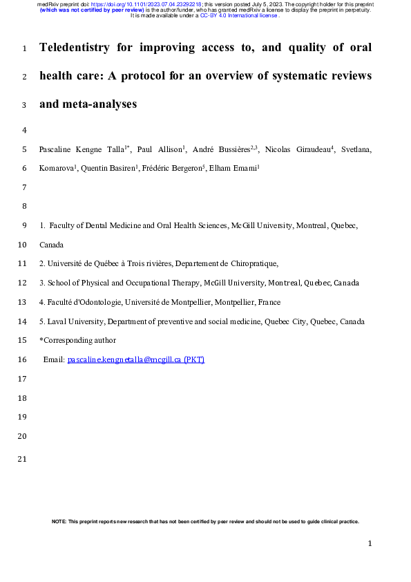 (PDF) Teledentistry for improving access to, and quality of oral health ...