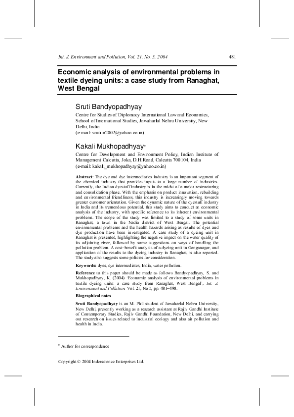 (PDF) Economic analysis of environmental problems in textile dyeing ...