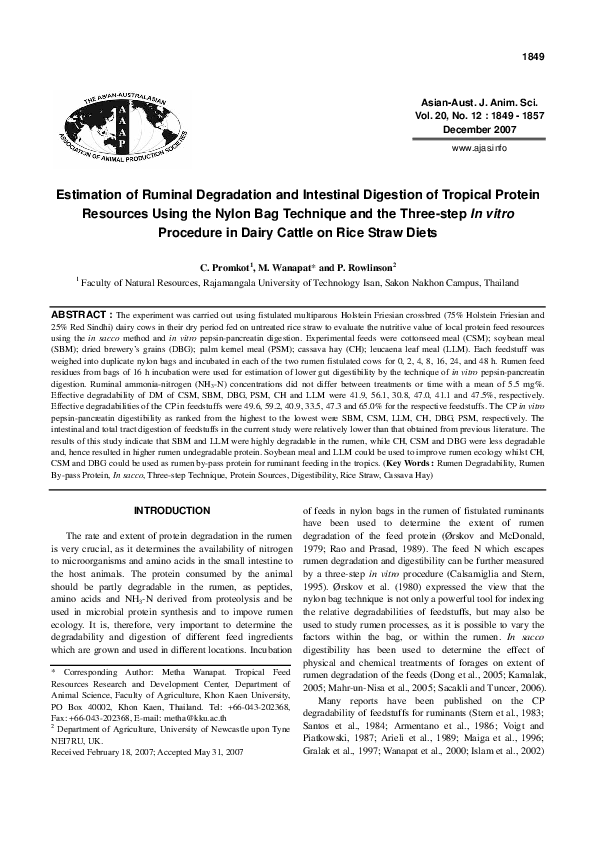 (PDF) Estimation of Ruminal Degradation and Intestinal Digestion of