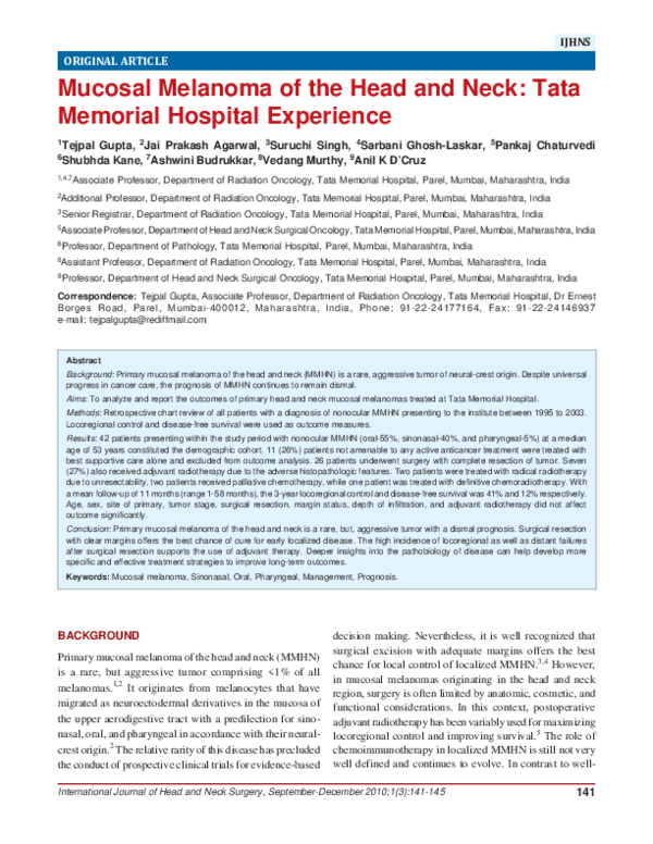 (PDF) Mucosal Melanoma of the Head and Neck: Tata Memorial Hospital ...