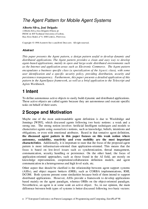 (PDF) The Agent Pattern for Mobile Agent Systems