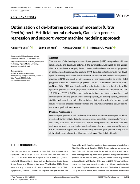 (PDF) Optimization of de‐bittering process of mosambi (Citrus limetta ...