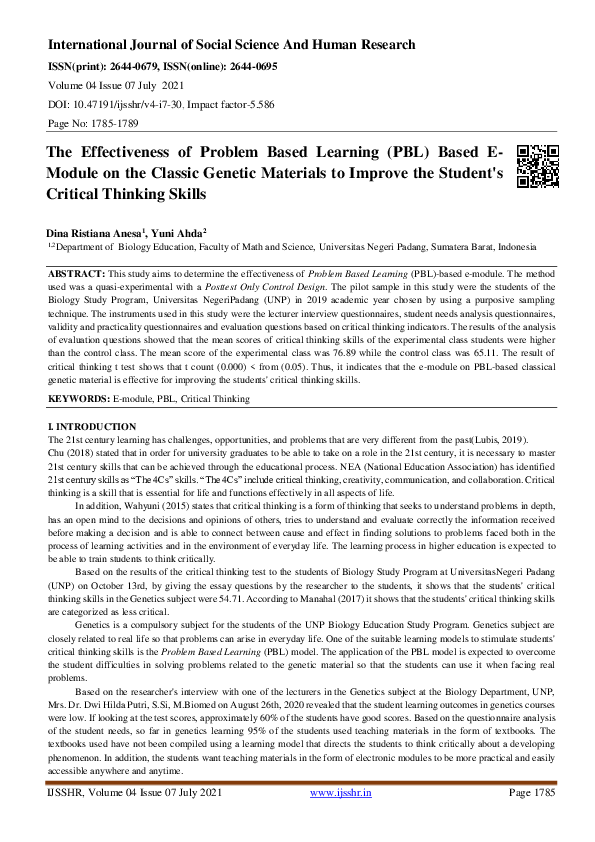 (PDF) The Effectiveness of Problem Based Learning (PBL) Based E-Module ...