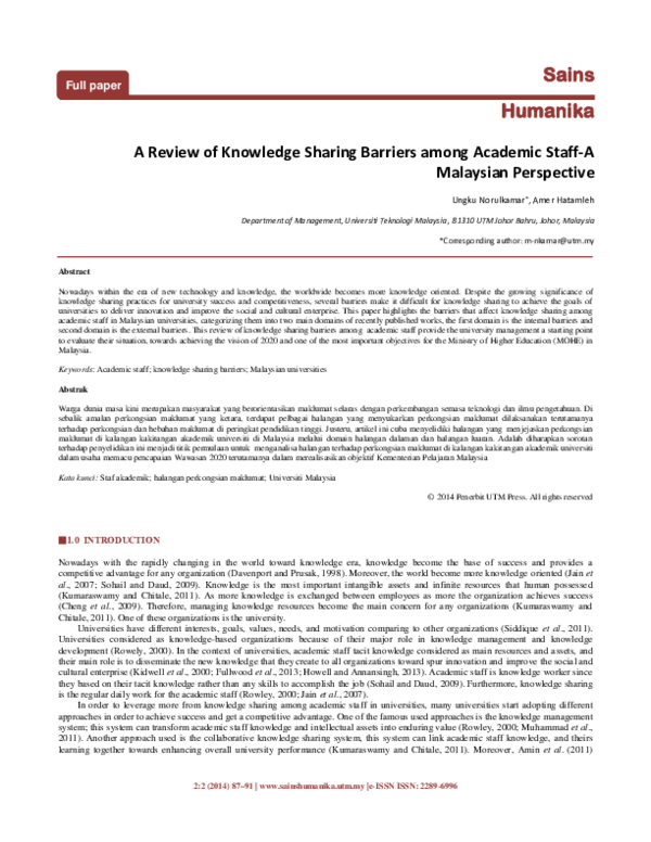 (PDF) A Review of Knowledge Sharing Barriers among Academic Staff-A ...