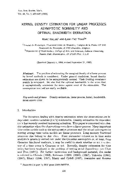 (PDF) Kernel density estimation for linear processes: Asymptotic ...
