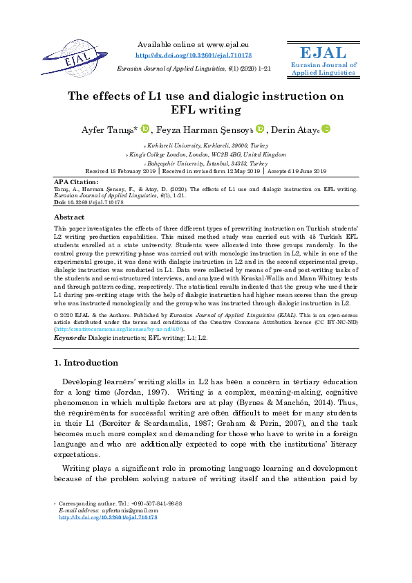 (PDF) The effects of L1 use and dialogic instruction on EFL writing