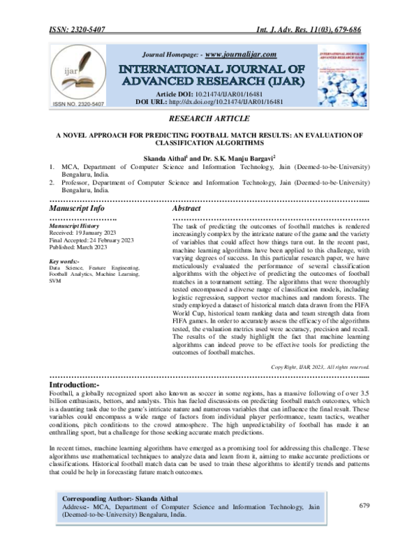 (PDF) A Novel Approach for Predicting Football Match Results An Evaluation of Classification