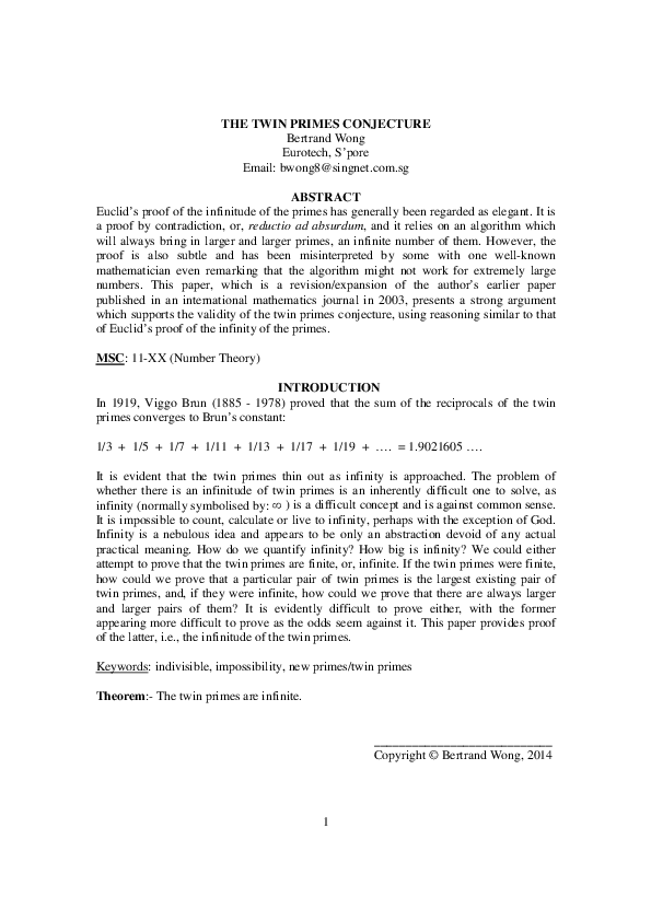 (PDF) The Twin Primes Conjecture