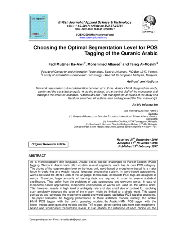 (PDF) Choosing the Optimal Segmentation Level for POS Tagging of the ...
